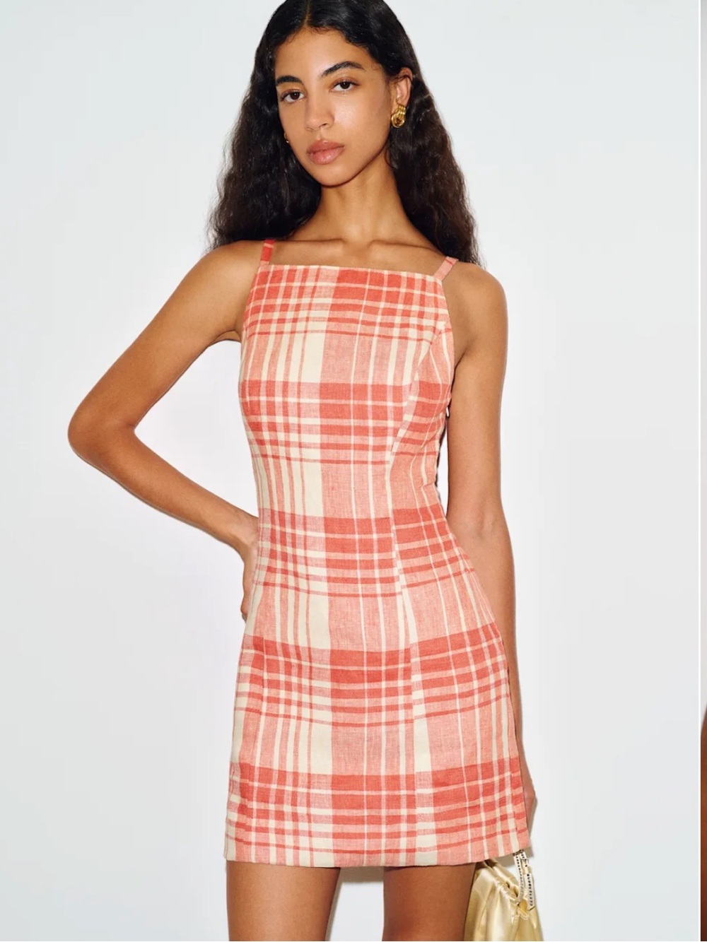Reformation Plaid Mini Dress in Coral and Cream - Picture 2 of 5